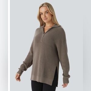 HALARA Taupe Ribbed Half-Zip Turtleneck Sweater